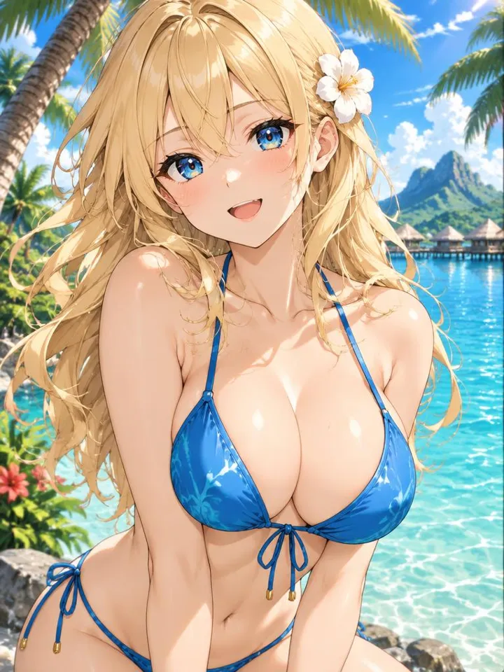 Luna with blonde hair in a blue bikini near a palm lagoon — Create Girlfriend AI