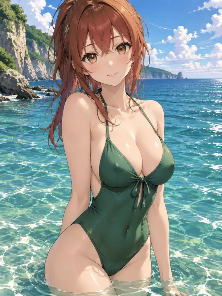 Mira with auburn hair in a green swimsuit in clear sea water — Create Girlfriend AI