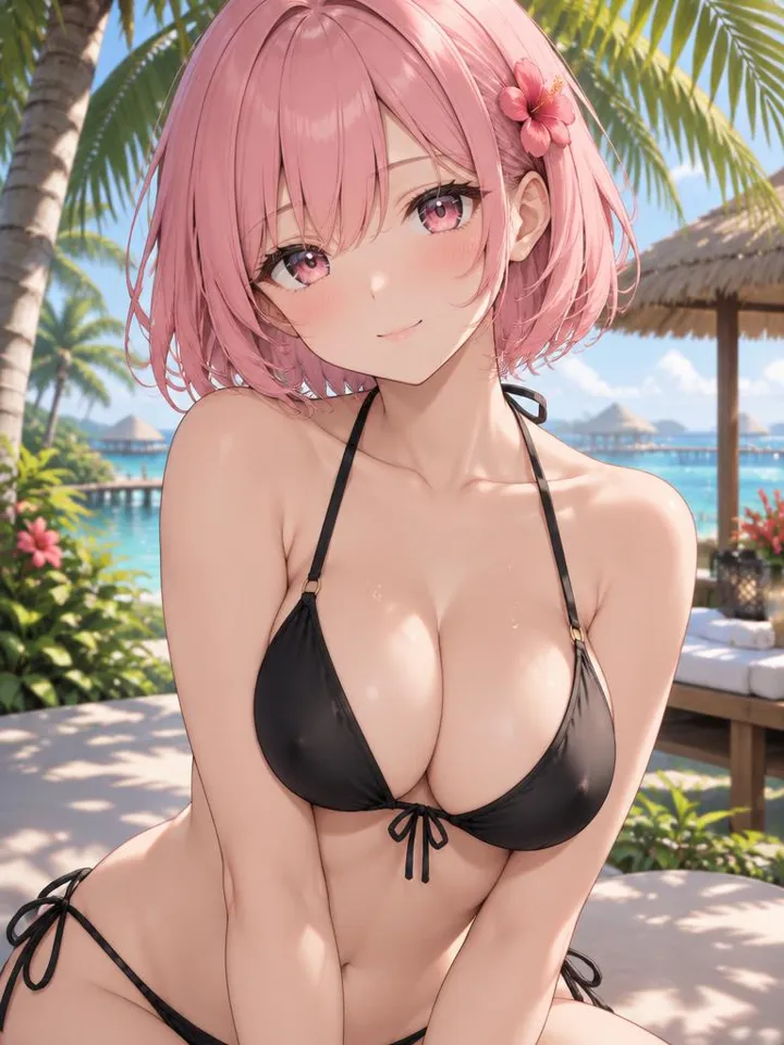 Sakura with pink hair in a black bikini at a tropical resort with palms — Create Girlfriend AI